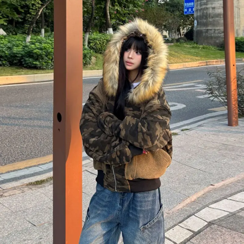 

American Street Camouflage Splicing Fur Collar Removable Padded Jacket Women's Winter Warm Thickened Short Jacket