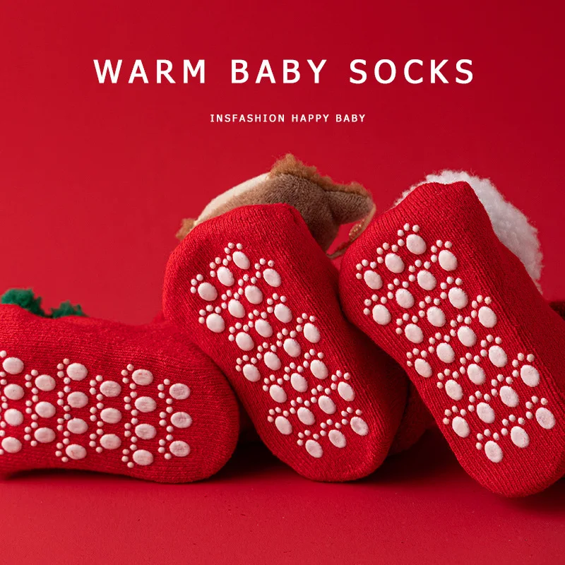 Children\'s Christmas Socks Cartoon Kawai New Born Baby Autumn Winter Padded Warm Red New Year Non-slip Toddler Floor Soft Sock