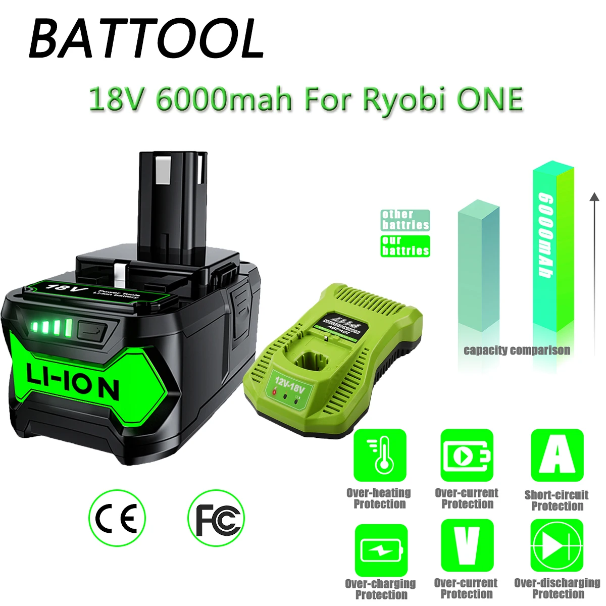 Battool 18V Battery Lithium For Ryobi P108 P102 P103 P104 P105 P109 Battery Cordless Drill 6000mah 18-Volt For One+ Cordless