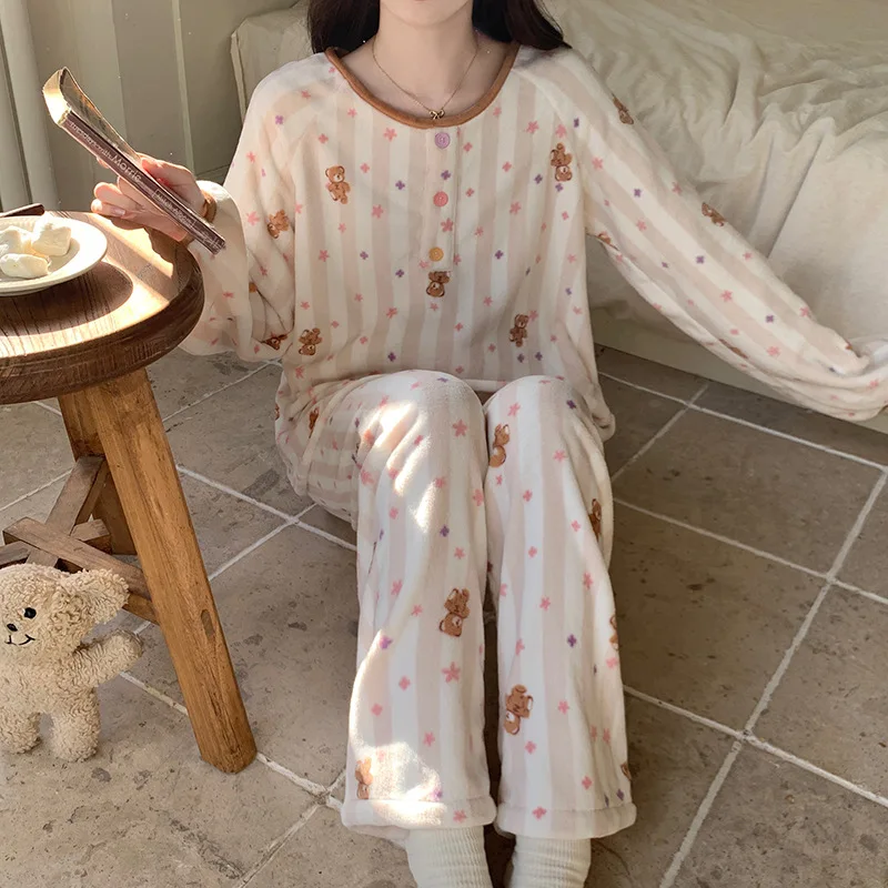 

Women's Pajama Set Autumn Winter Coral Fleece Kawai Sweet Homewear Fleece-Lined Keep Warm Sleepwear New Model Cartoon Nightwear