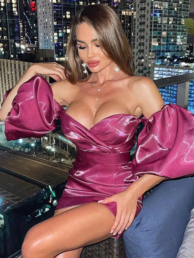 شحن مجاني فستان قصير عصري أزرق فاتح مثير بدون أكتاف وأكمام منتفخة تصميم المشاهير والحفلات المسائية والنوادي الساتان فيستدو 2025 #4