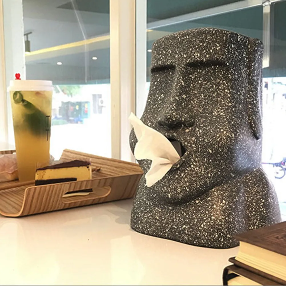 

1Pcs Retro Tissue Box Resin Moai Stone Statue Decorative Napkin Holder Desktop Organizer Box for Home Office Cafe