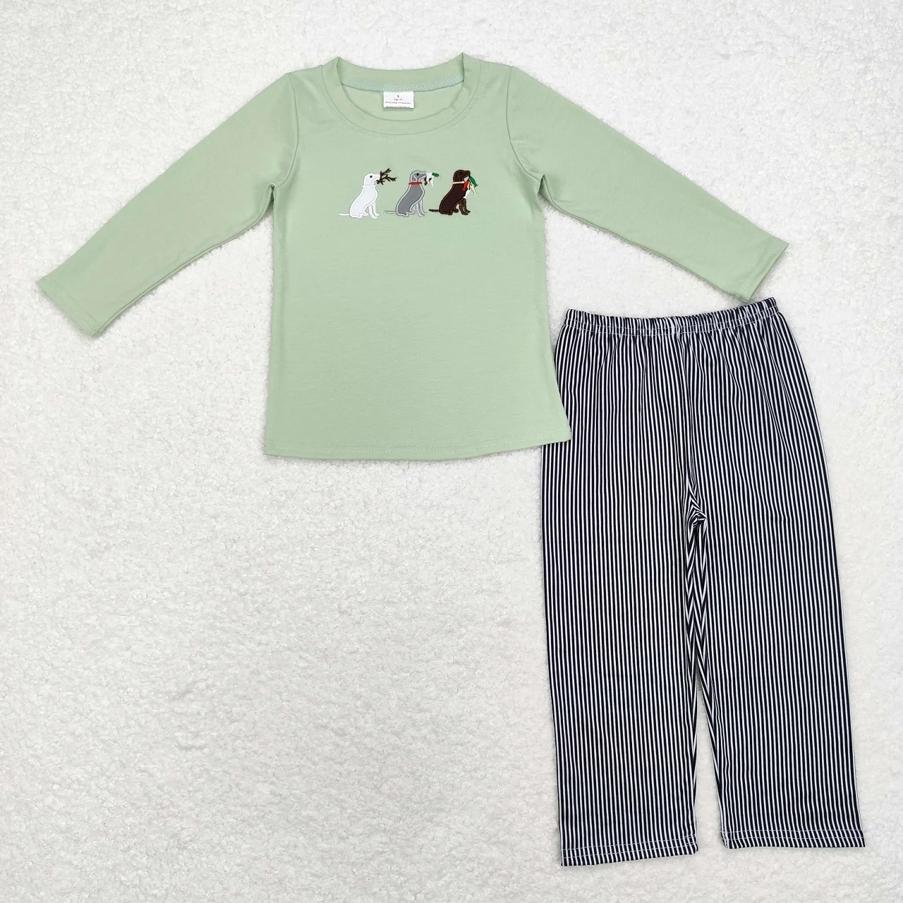 Wholesale Baby Boy Embroidery Green Long Sleeves Dogs Ducks Cotton Shirt Children Stripes Pants Set Toddler Kids Outfit Clothes