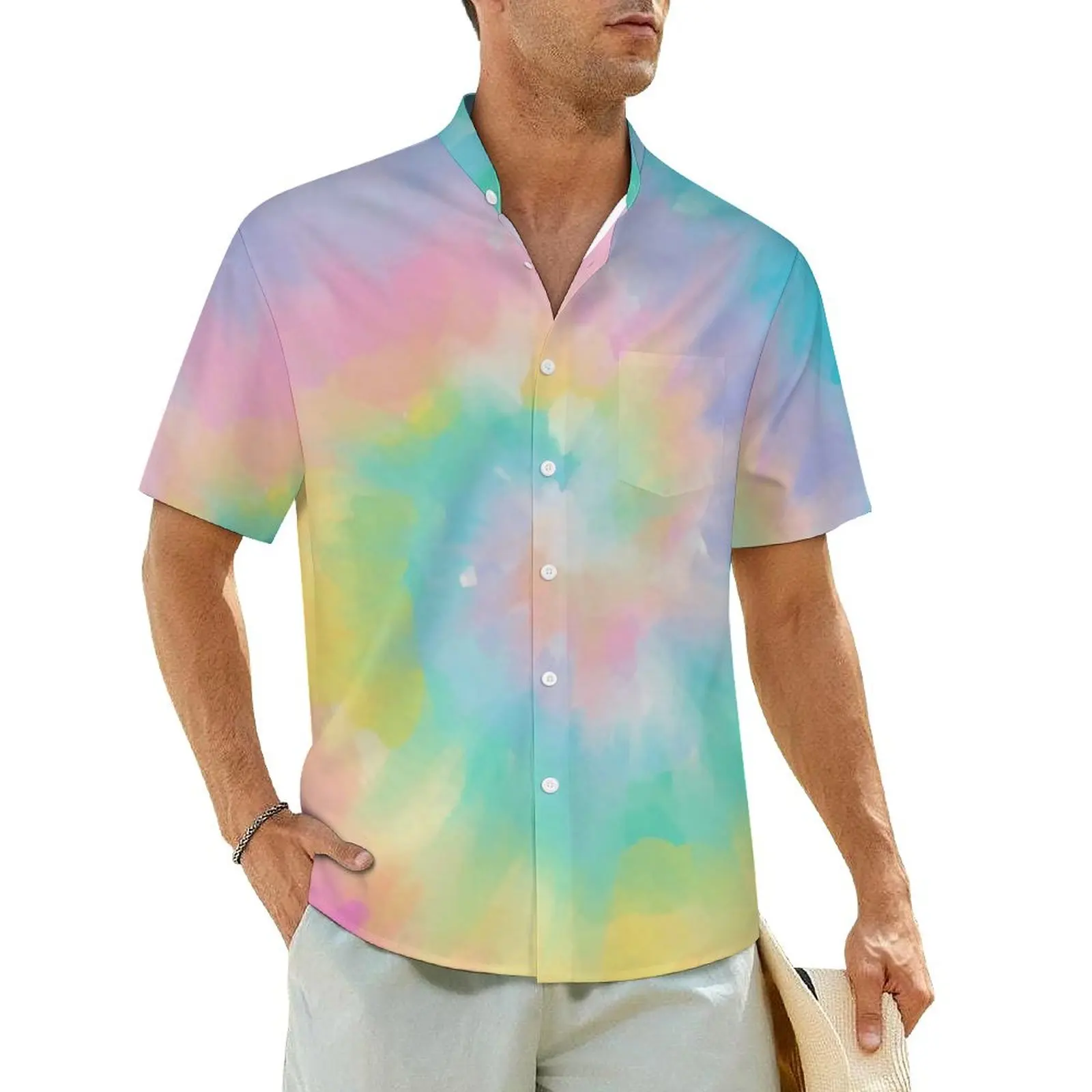 

Rainbow Tie Dye Summer Shirt Men Beach Colorful Abstract Casual Shirts Short Sleeve Harajuku Custom Novelty Plus Size Blouses