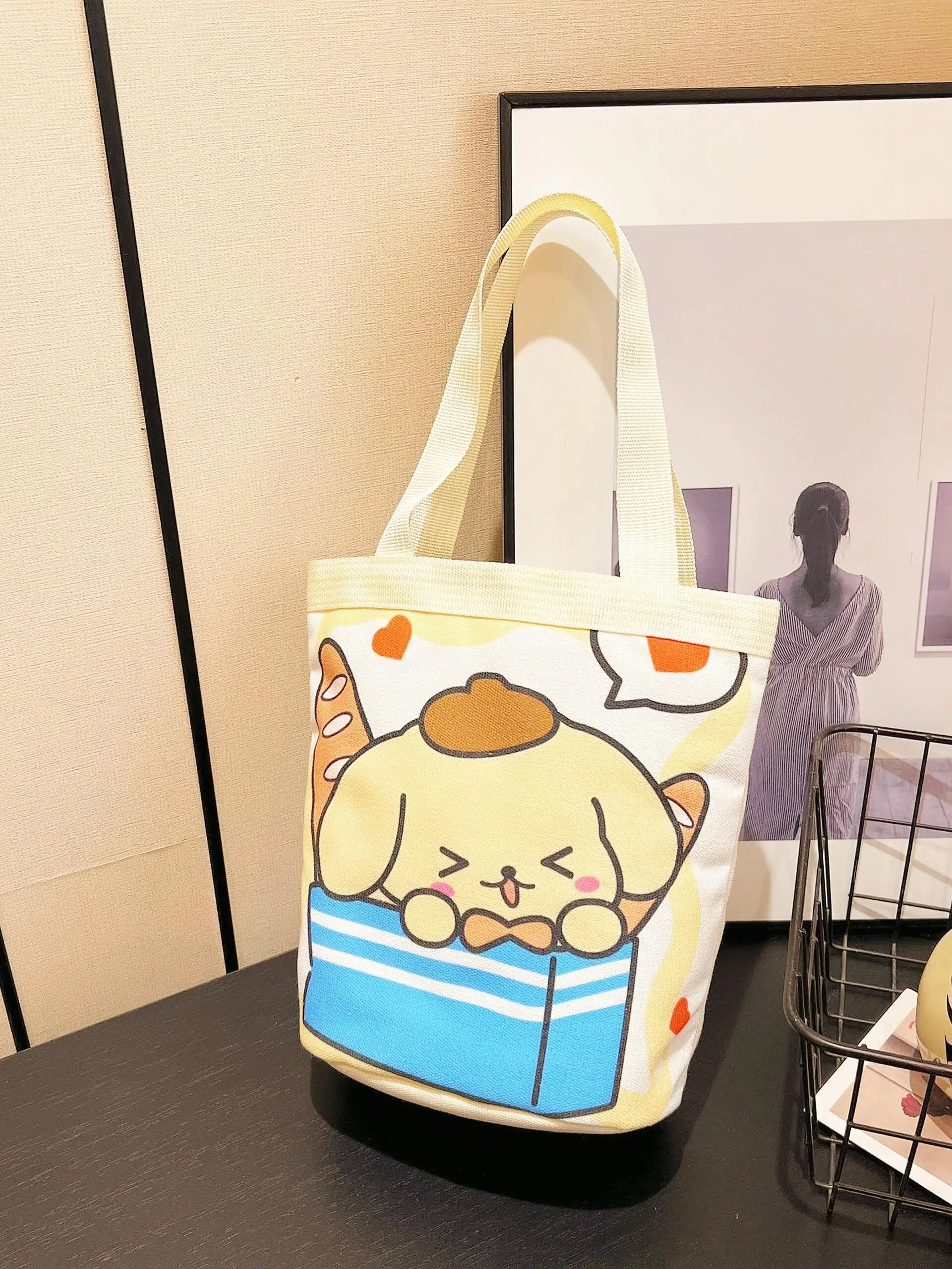 Cartoon Hello Kitty Kuromi Canvas Bucket Bag Korean Style Shoulder Bag Y2K Outing Shopping Bag Women Handbag Student Lunch Bag