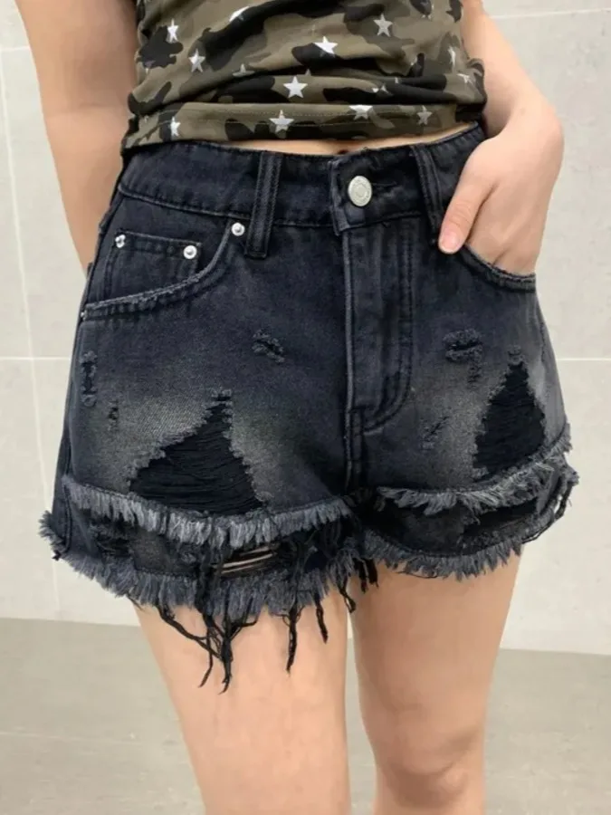 

High Waist Distressed Denim Shorts Women's Chic Washed Vintage Summer New Style Double Layer Frayed Hem Casual Cotton Jeans