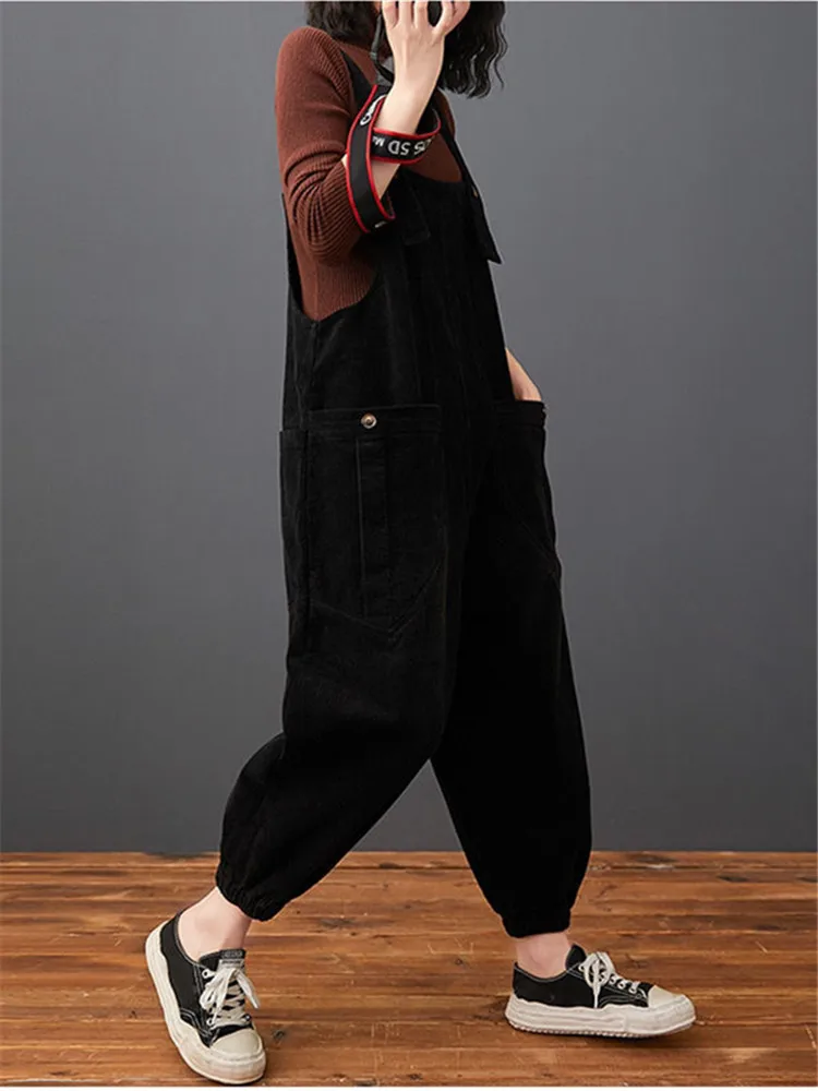 New Fashion Streetwear Dungarees For Women Autumn Winter Corduroy Jumpsuits Loose Plus Size Rompers Pocket Wide Leg Overalls