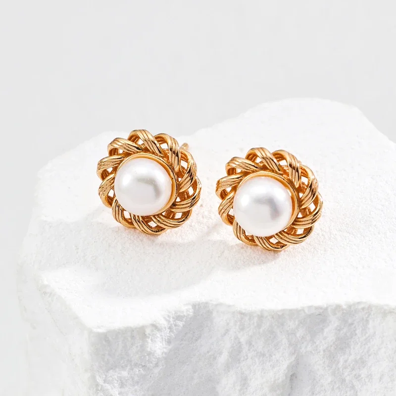 High Quality 925 Silver Extremely Simple French Style Series Retro Gold Color Pearl Stud Dangle Earrings for Women Birthday Gift