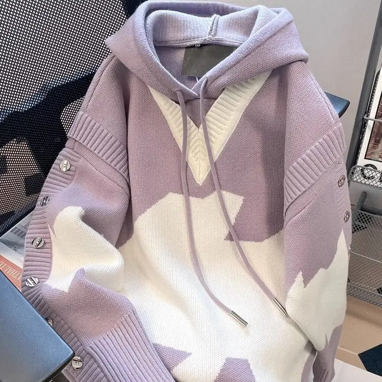 Suéter con capucha falso de color contrastante americano de talla grande para mujer en otoño e invierno, sudadera de punto retro de alta gama y2k