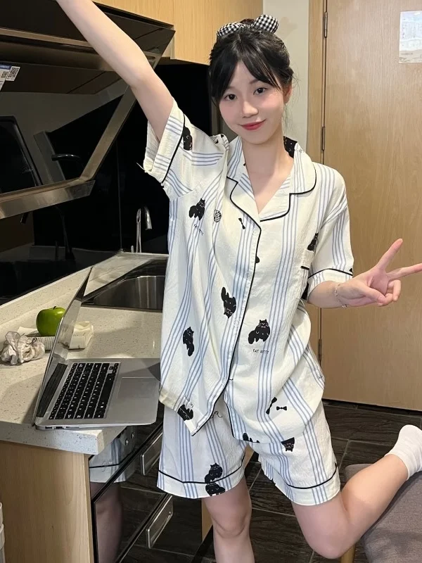 

Comfortable Summer ort Sve ort Pants Spwear Set for Women Bla Stripe Design Home Clothes Student Pyjamas