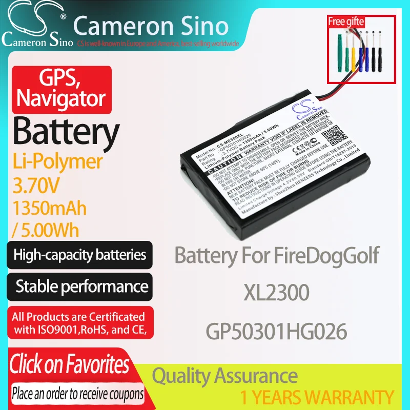 CameronSino Battery for FireDogGolf XL2300 Fits GP50301HG026 GPS,Navigator Battery 1350mAh 3.70V Li-Polymer Black