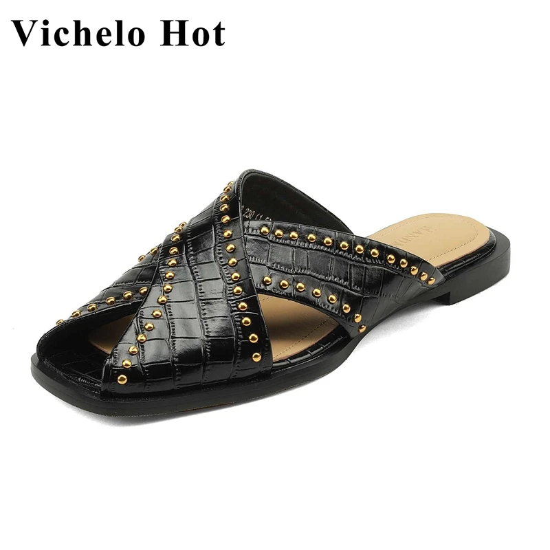 Vichelo Hot Genuine Leather Peep Toe Low Heel Mules Rivet Decoration Classic Colors Young Lady Streetwear Outside Slippers L33