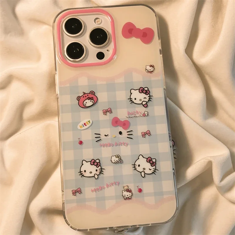 Kawaii Hello Kitty Plaid Phone Case for IPhone 16 15 14 13 12 Pro Max Sanrio Anime Cute Fashion Protective Cover with Lanyard