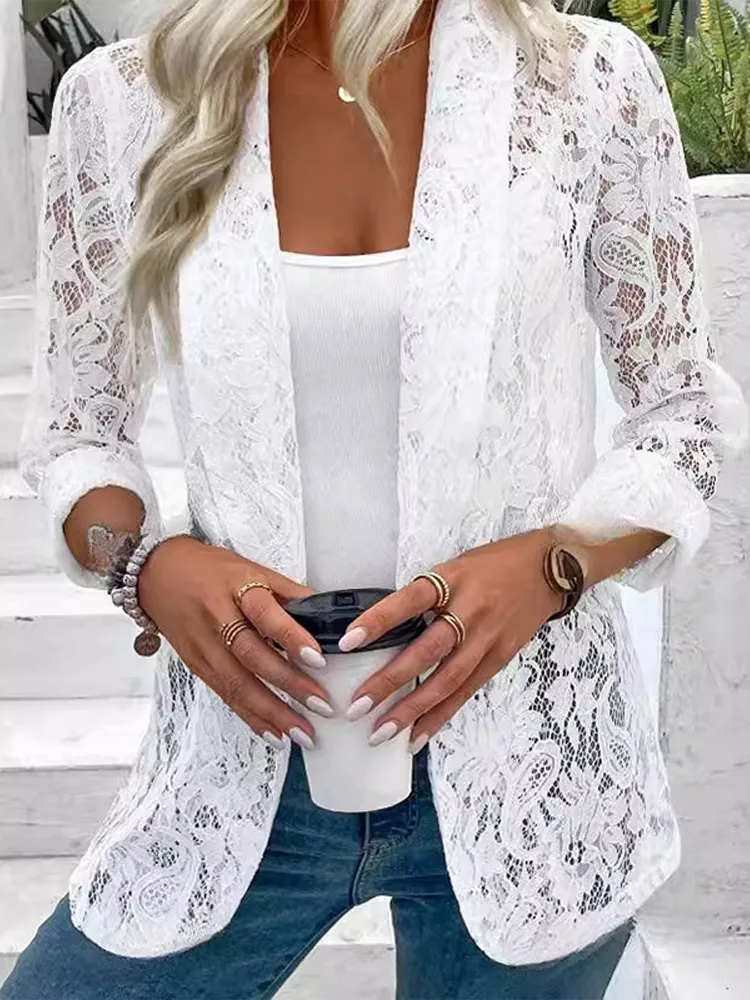 White Lace Hollow Out Floral Thin Sunscreen Suit Coats Fashion Elegant Women Turn Down Neck Tops 2025 Spring New Shawl Jacket