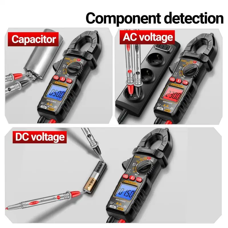 

Clamp Meter Current Tester Multifunctional Meter With Flashlight Backlight 6000 Counts For DC/AC Voltage Capacitance Resistance