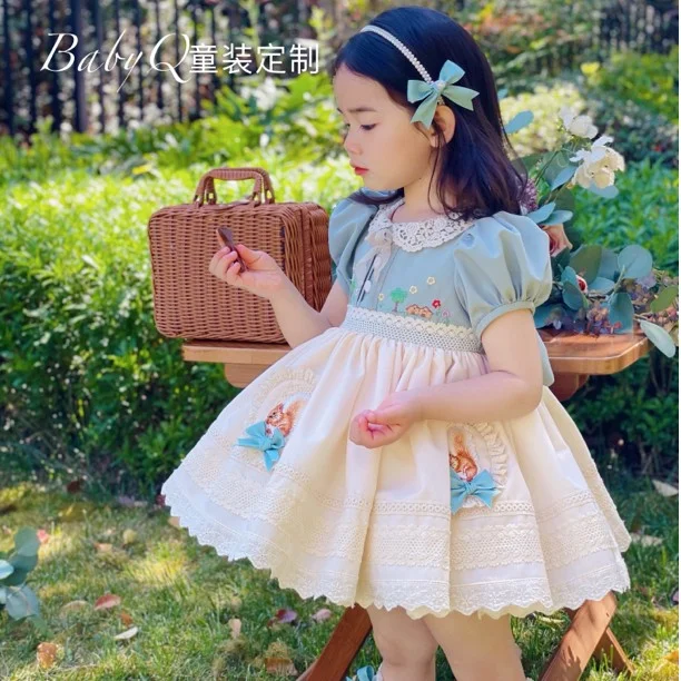 Summer Children Baby Girls Embroidered Floral Sweet Cotton Cute Cartoon Lace Doll Collar Party Princess Dresses Skirts 2-8 Years