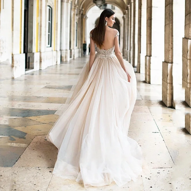 Suknie ślubne w stylu boho, linia A, krótkie rękawy, tiulowe aplikacje, suknia ślubna arabska Dubai islamska Vestido De Noiva szyta na miarę