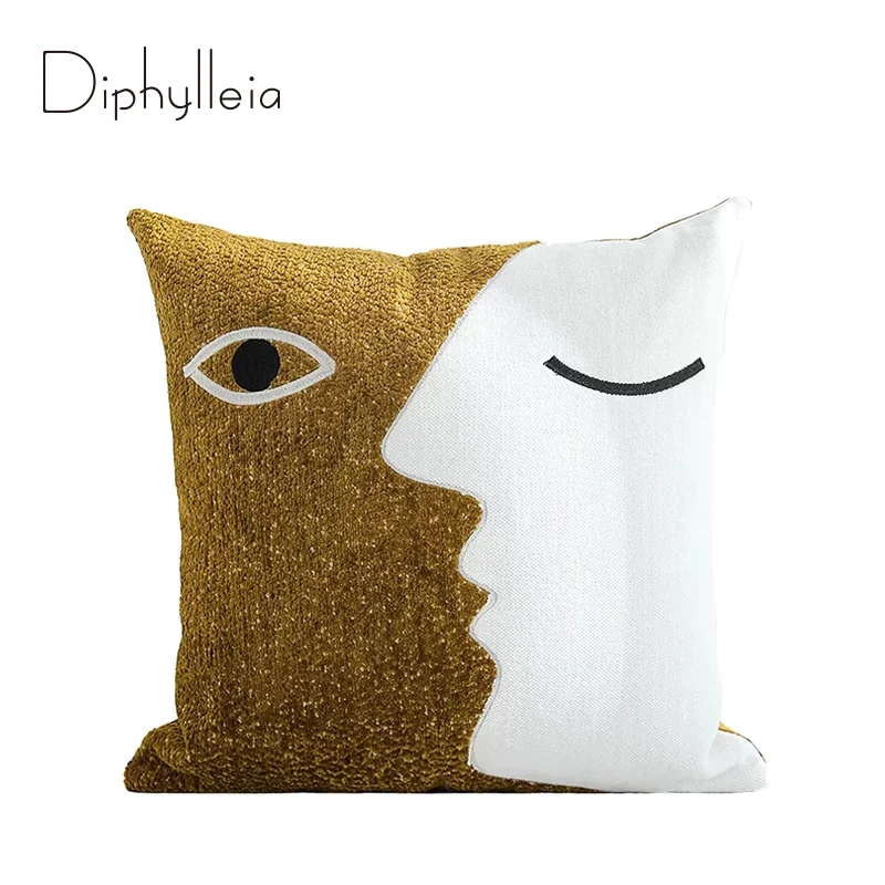 Diphylleia Spanish Contemporary Art Decorative Cushion Cover Modern Abstract Face And Eye Embroidered Pillow Case 50x50 Turmeric