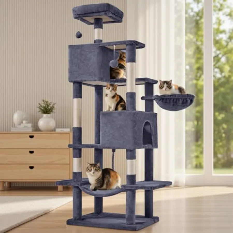 

66 Inch Cat Tree Tower Multi Level Cat Climbing Tower with Natural Sisal Scratching Posts Hammock Pet Condo for Indoor Cats and