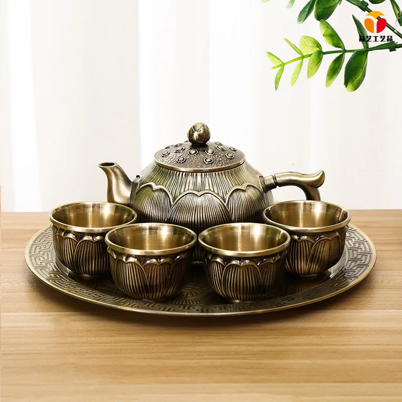 

4cups+ 1tray+ 1pot /Set Bronze Metal Material Tea Cup Set Tea Accessories For Home Decoration CJ03