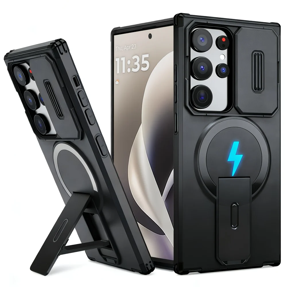 Capa Protetora Magnética com Suporte para Câmera para Samsung S26 S25 S24 Plus S25FE S23 Ultra A57 A56 A55 A36 A16 à Prova de Choque