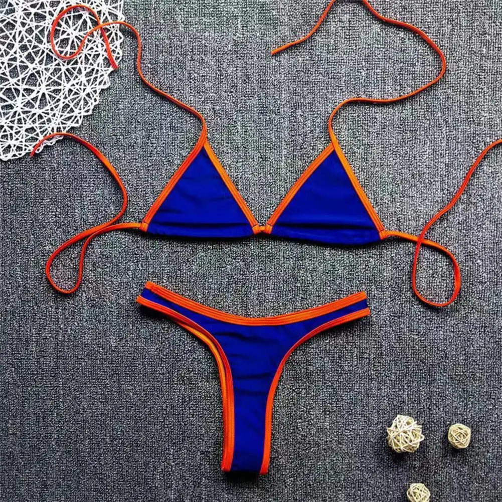 High Elastic Swimwear Women’s Triangle Bikini Set Halter Tie Top High Cut Thong Summer Two-piece Swimsuit Sexy Contrast Color