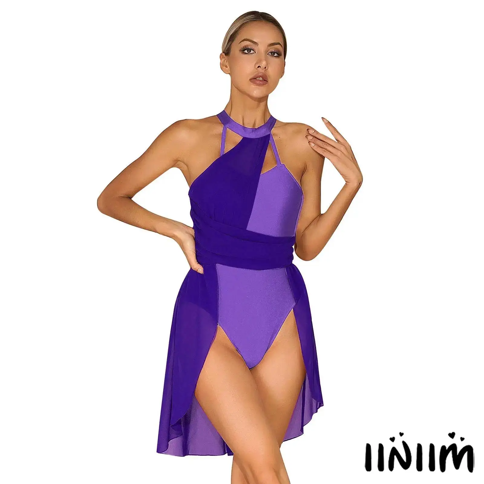 

Womens Chiffon Patchwork Lyrical Dancewear Leotard Dress Stage Dance Performance Ruched Chiffon Back Strappy Sleeveless Dress
