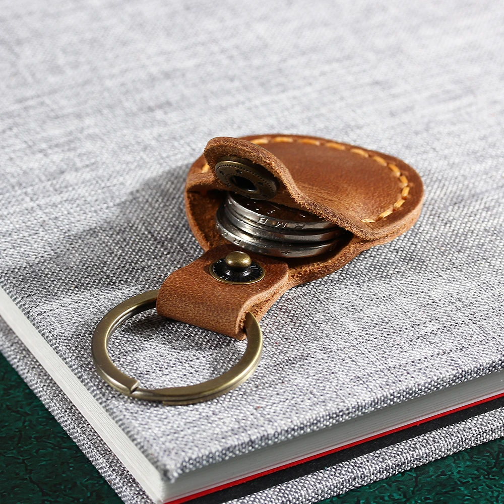 Mini Crazy Horse Leather Coin Pouch Keychain Snap Button Round Change Purse Key Ring Small Wallet Pendant