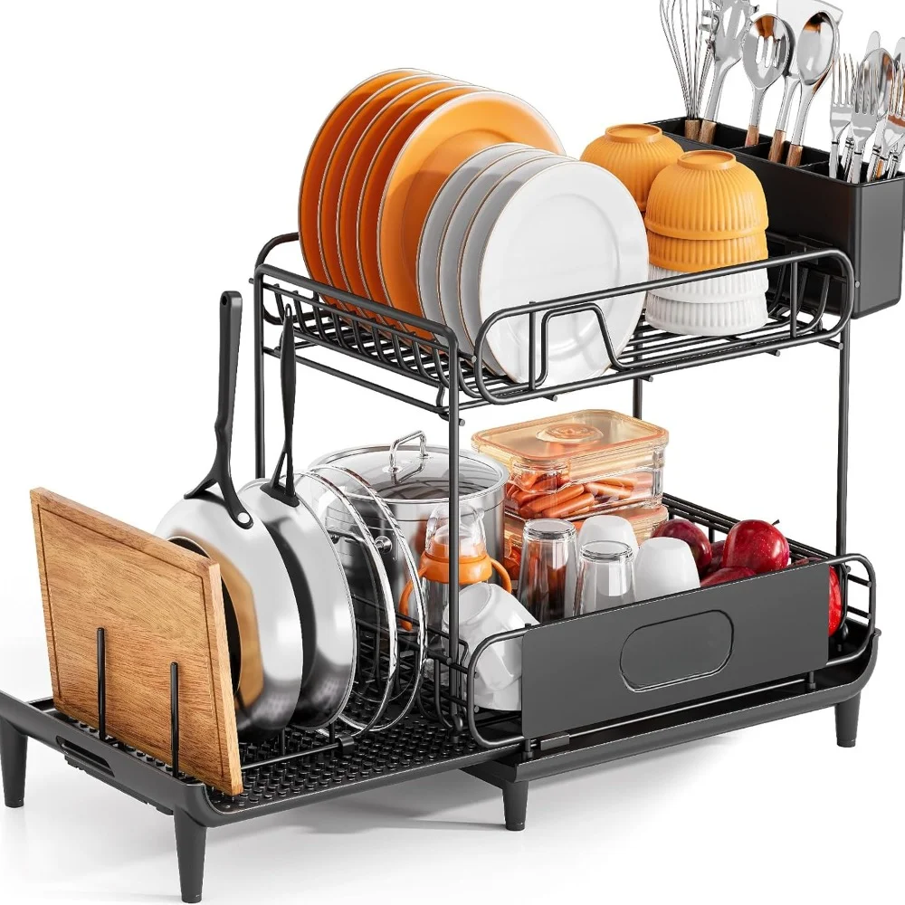 

Dish Drying Rack, Expandable 2 Tier, Drainboard Multifunctional Dish Strainer with Removable Cutlery Holder, Kitchen Rack