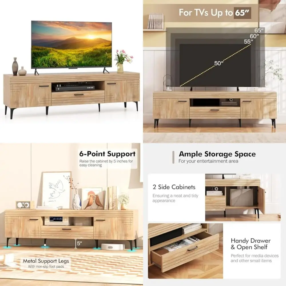 tv stand for tv up to 65 inches, mid century modern entertainment center with 2 cabinets, line pattern, drawer, cable hole, ope