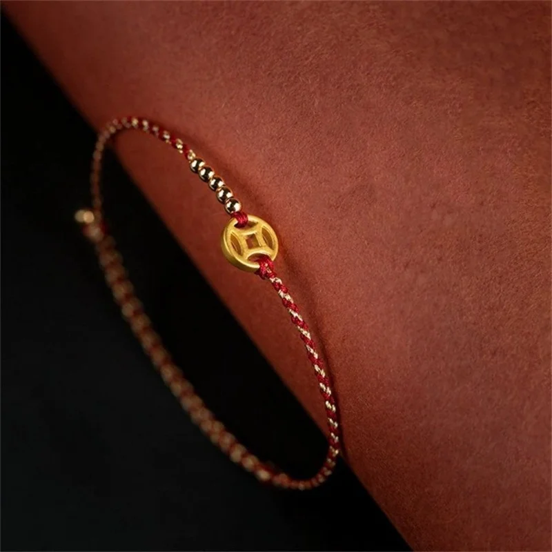 Handmade Woven Red Rope Wealth Lucky Bangle Gold Color Copper  Adult Women Men Couple Adjustable Bracelets Drop Shipping