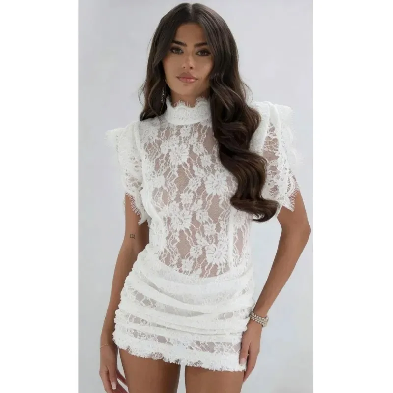 Sexy Schwarzes Spitzen-Plissee-Minikleid für Damen Halbhoher Kragen Kurzarm Transparentes Club-Party-Kleid Neues Damenkleid