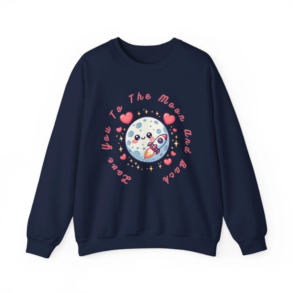 Love You To The Moon And Back Shirt Cute Sweet Cartoon Pullover Top Moon And Rocket Ship Valentine's Day Cute Cartoon Sweatshirt