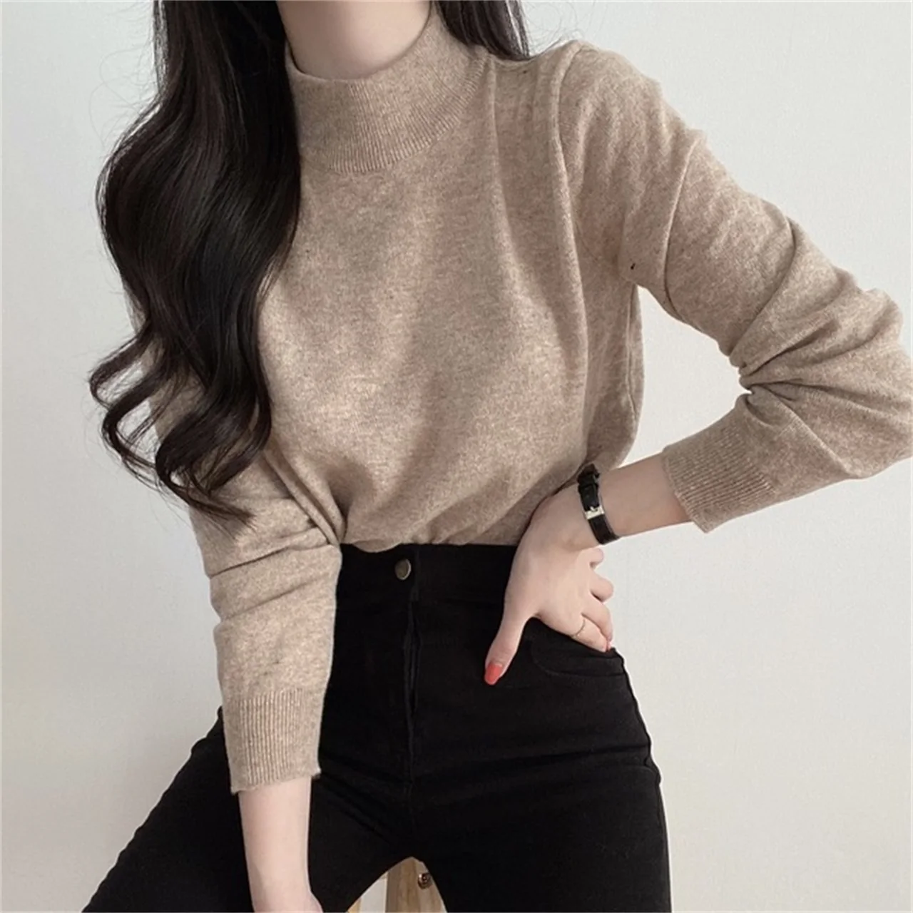 

Winter Women's Knitted Long Sve Sweater Comfortable All-Match Base irt f High Collar Japanese Sle Color round...