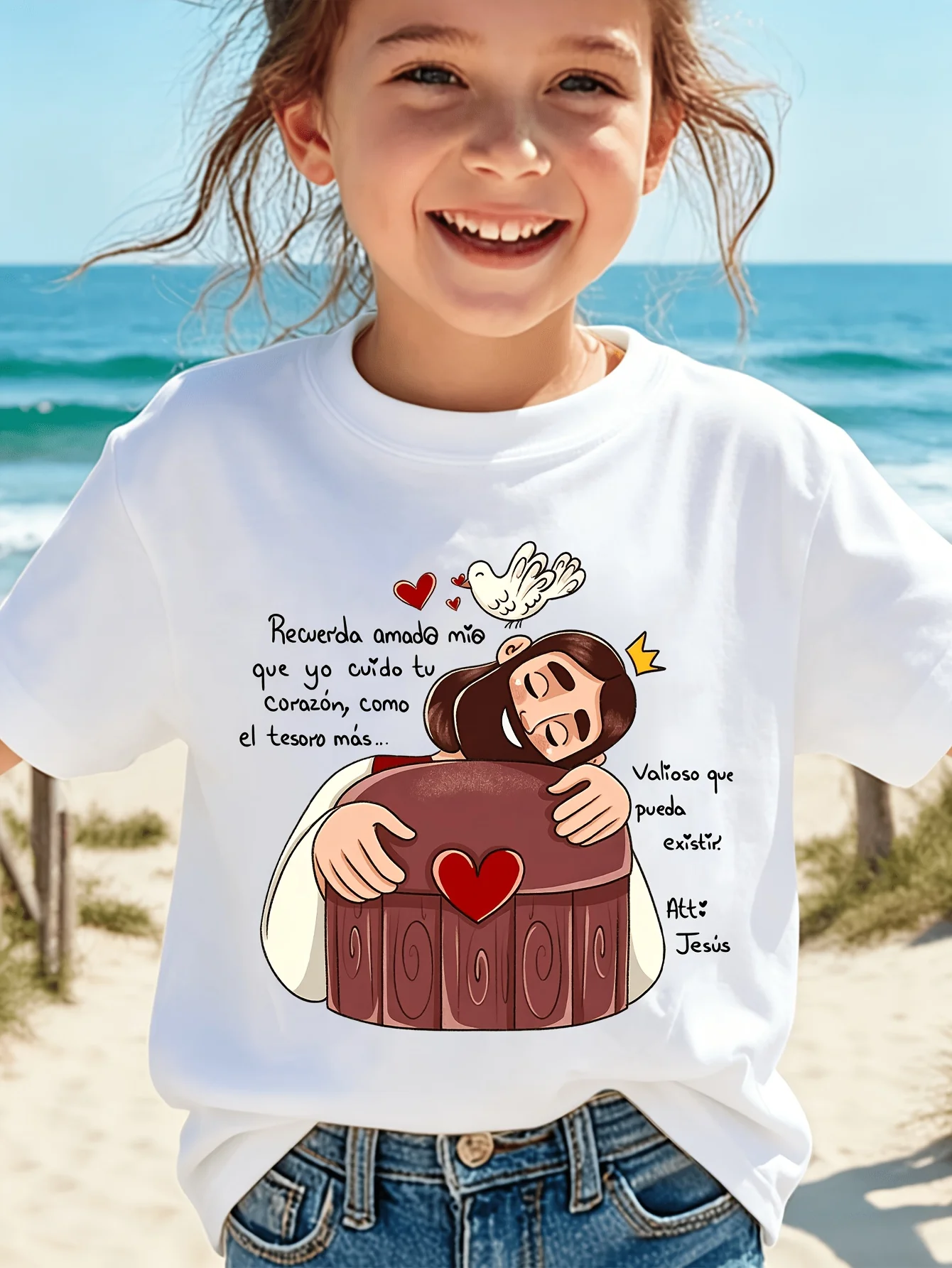 Kids Jesus Treasure Chest Dove Heart Graphic Tee Boys Girls Family Matching Short Sleeve Religious Faith Everyday T Shirt