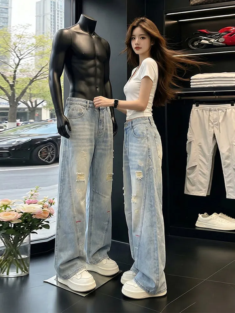 Retro American High Street Men's Jeans Straight Leg Workwear Pants Embroidery Design Hole Punching Cool Flared Long Trousers