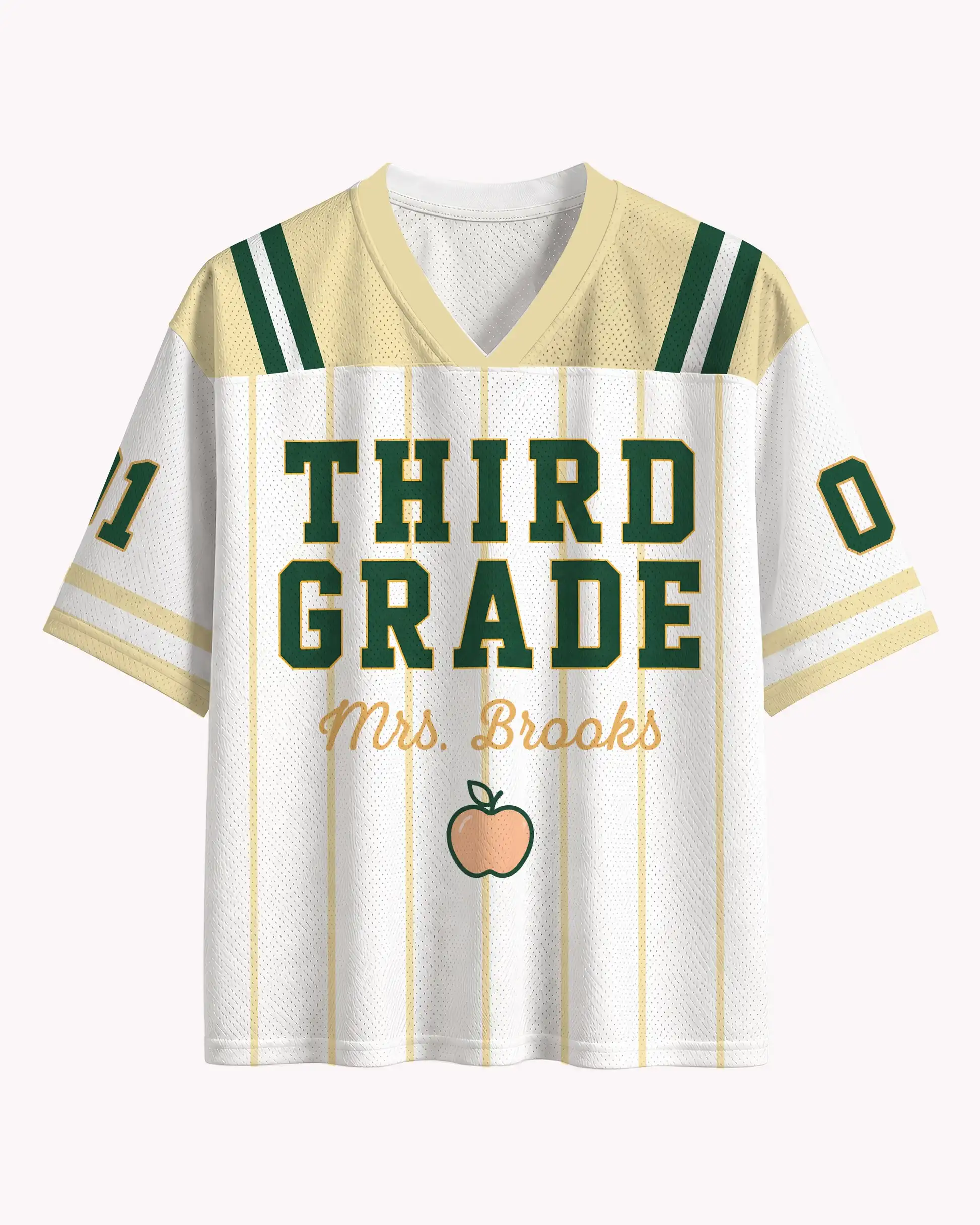 V Neck Mesh Short Sleeve Tee, Third Grade Letter Apple Print Casual Top, Custom Teacher School Party Clothing
