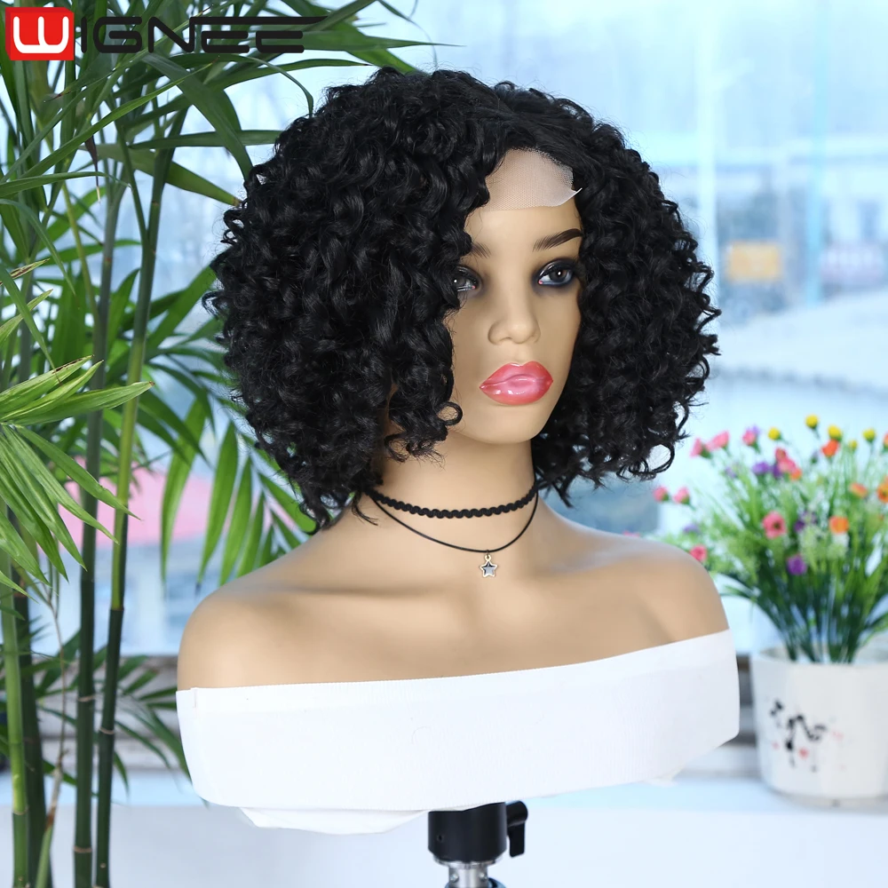 WIGNEE Peruca Curta Perucas Curtas Cabelo Sintético Peruca Preto Curly Side Part Perucas On Sale Peruca sintética Peruca de cabelo para mulheres