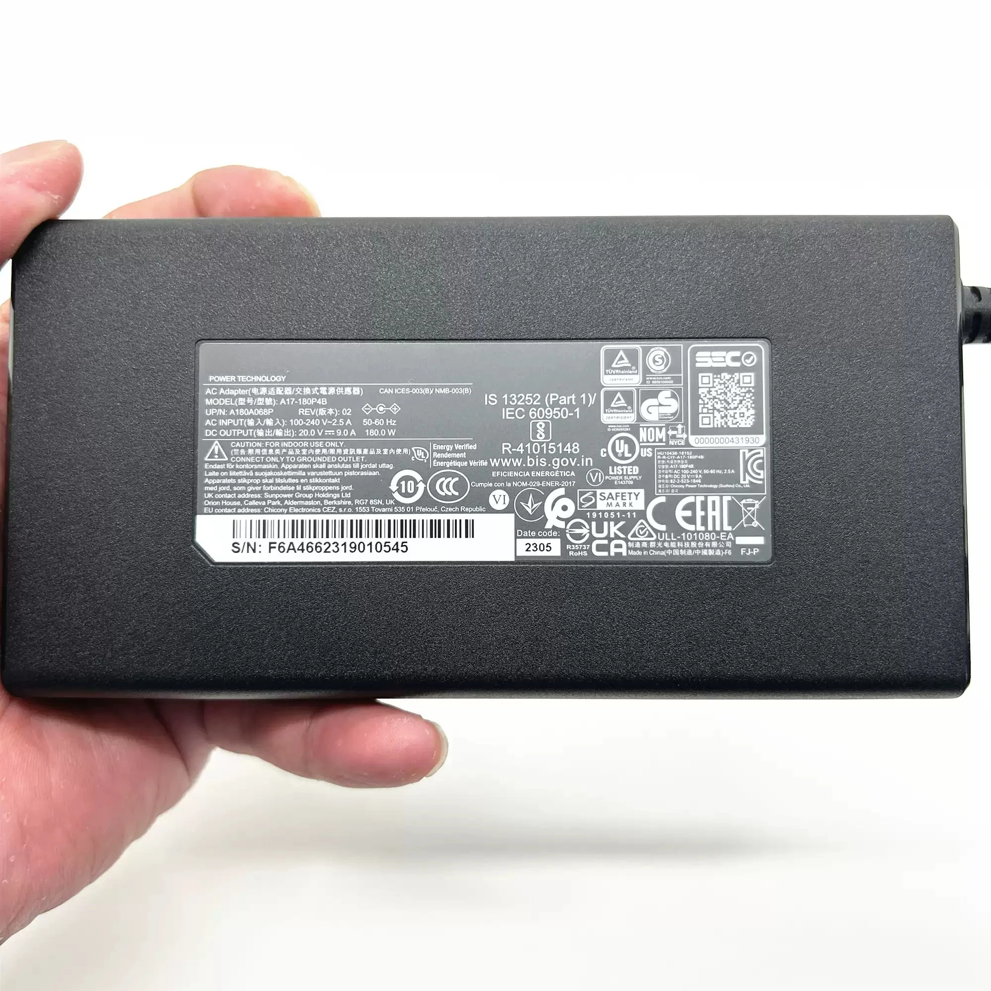 180W power adapter charger, 20V9A, compatible for Mechrevo R15, Jiangxing X15 A17-180P4B