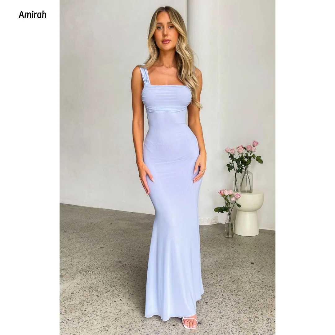 Amirah تنورة ذيل السمكة ثوب حفلة بياقة مربعة وحزام كتف فساتين نسائية أنيقة لحفلات الزفاف مصنوعة حسب الطلب للحفلات الراقصة