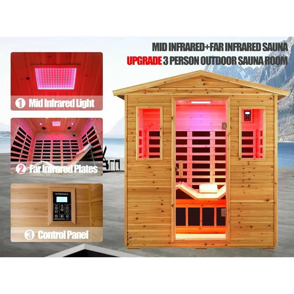 Outdoor Sauna 3 Person Infrared Sauna, Infrared Saunas for Home,1950W Low EMF Far Infrared Sauna Old Fir Wooden Sauna with Light