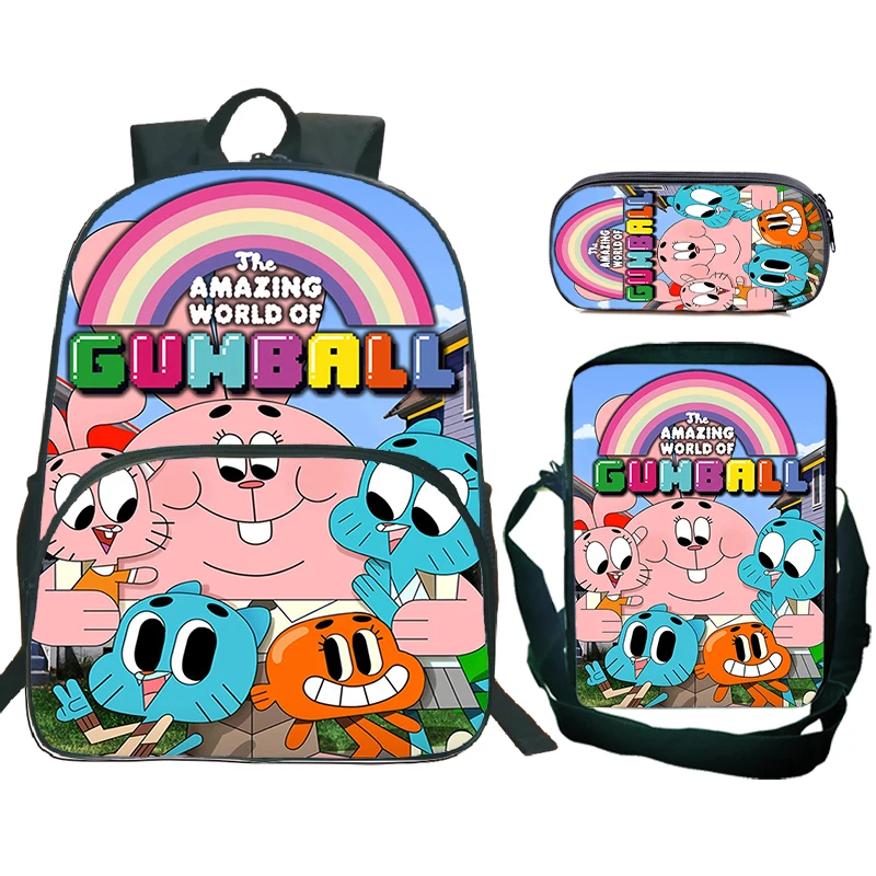 

3Pcs Set The Amazing World Of Gumball Backpack for Boys Girls Anime Book Bags Kids School Bags Shoulder Bag Pencil Case Mochila