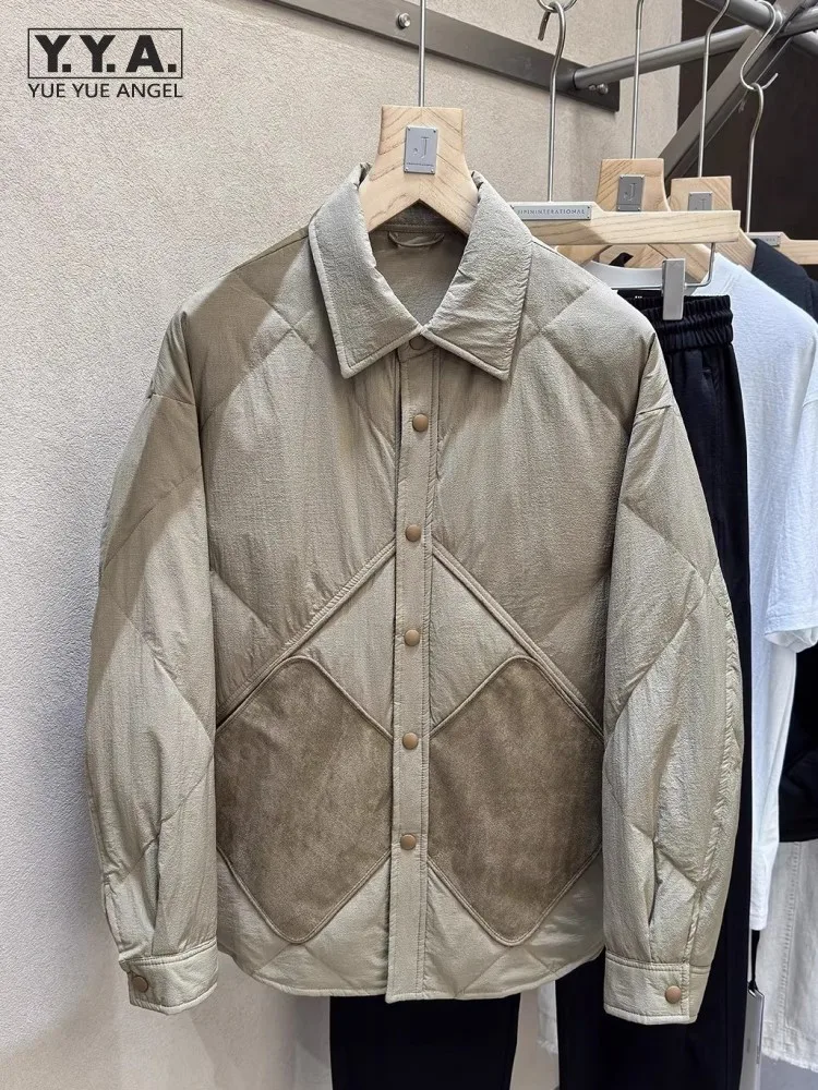 

Winter Mens Down Coat Thin Style Loose Fit Spliced Casual Outerwear Single Breasted Fashion Turndown Collar Warm Jacket Male