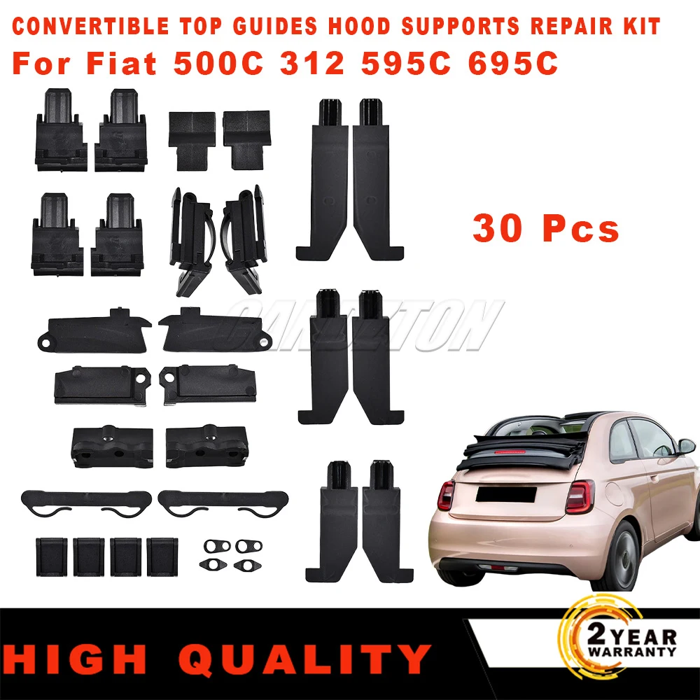 For Fiat 500C 500 Convertible Kit UK 30 Pcs Upgraded Soft Top Roof Repair Slider Clip Hood Parts Black 9099898 Car Accessories