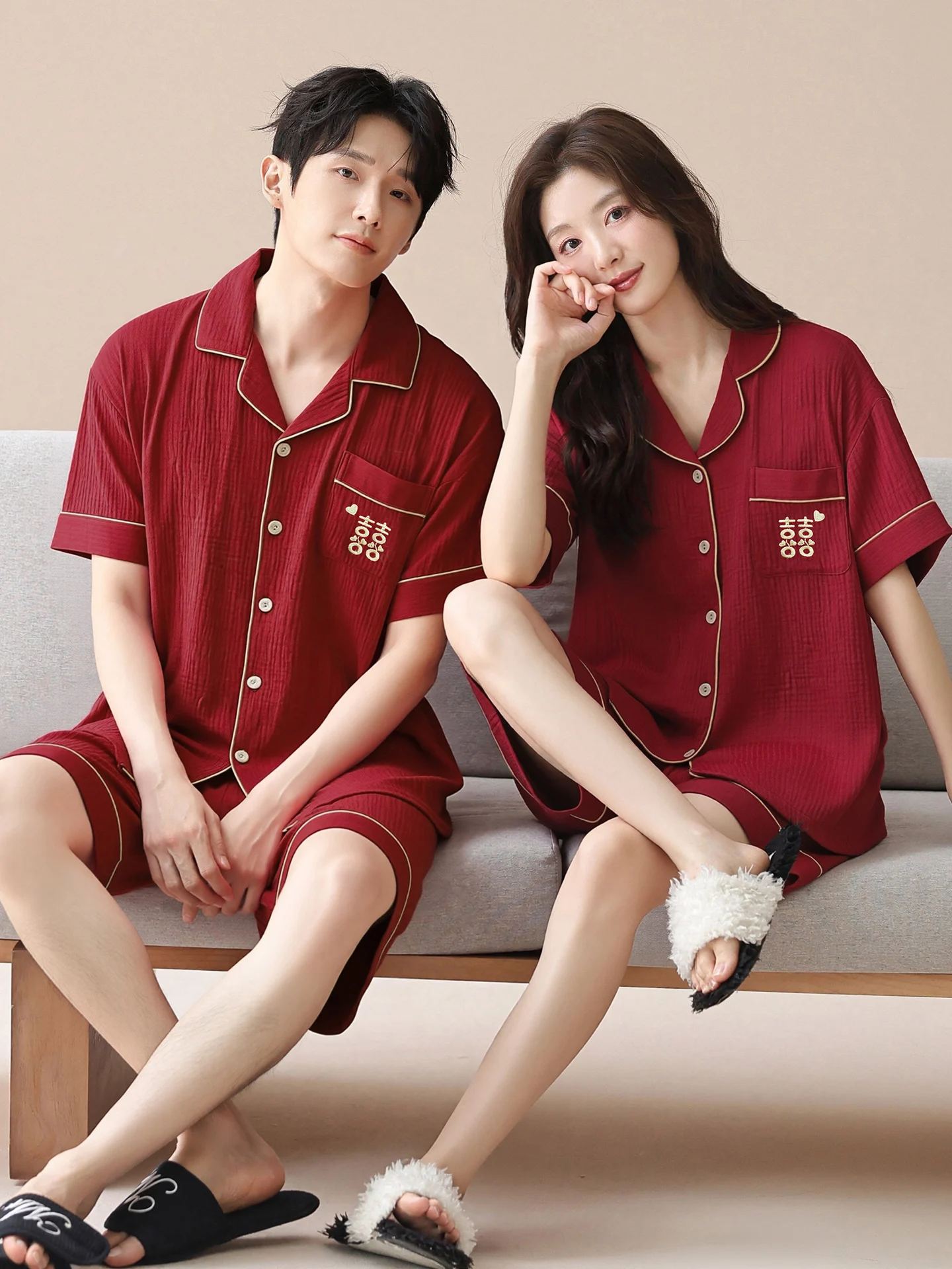 pyjama-en-coton-rouge-pour-couple-vetements-de-nuit-legers-d'ete-a-manches-courtes-double-couche-de-fil-de-coton-doux-et-confortable-vetements-de-maison