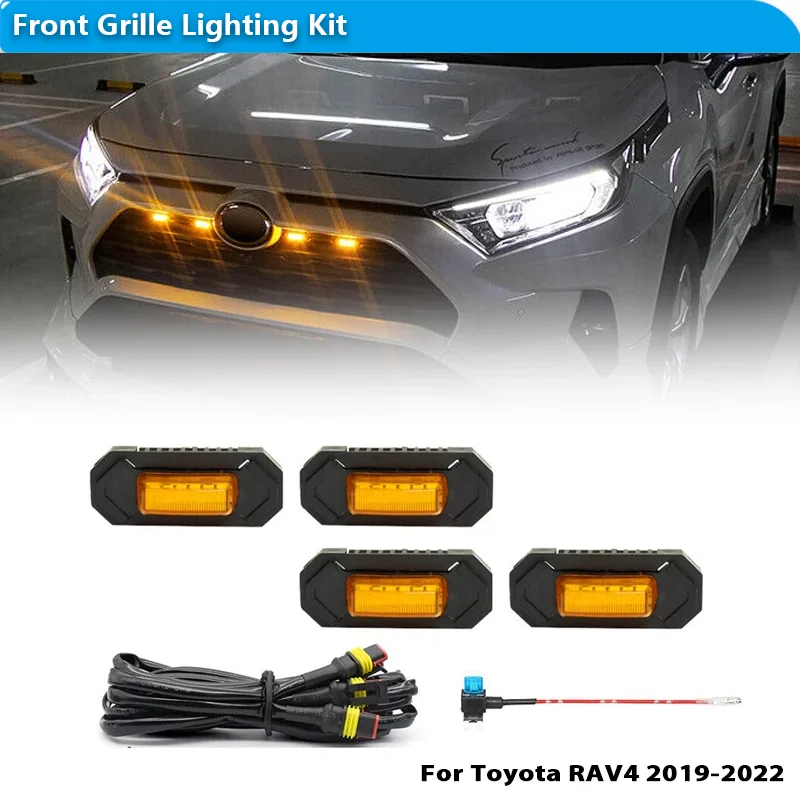 

Для Toyota RAV4 светодиодные фонари на решетке, передняя решетка, предупреждающие DRL, дневные ходовые огни, автомобильные аксессуары, 4 шт., 2019 2020 2021 2022