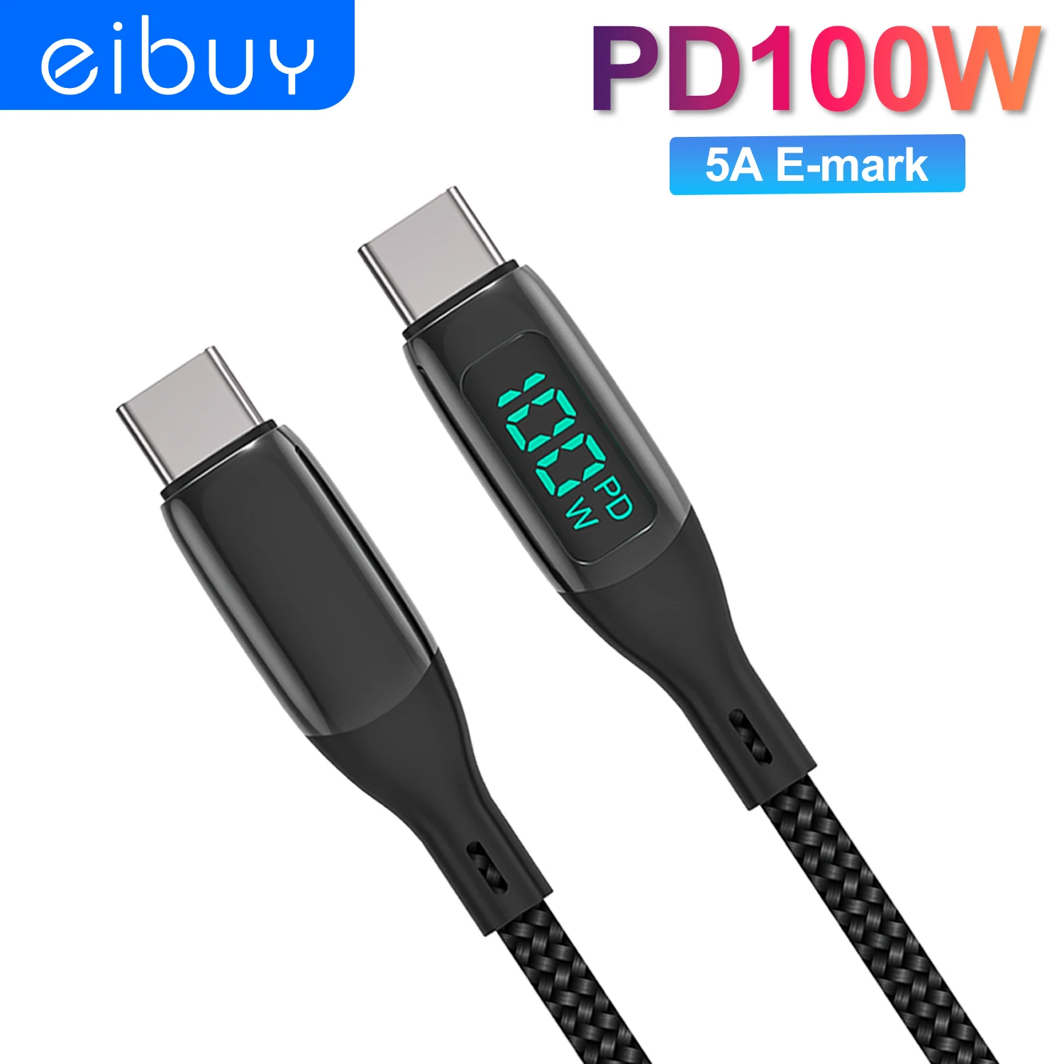 USB C to USB C Cable 100W,EIBUY LED Display-Cable Type-C 5A E-Mark Fast Charging Nylon Braided Cord for MacBook Pro iPad laptop