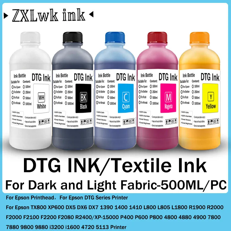 Tinta DTG 500ML para Impressoras Têxteis F2000 F2100 P600 P800 e Outras Impressoras DTG com Cabeçote de Impressão DX5 DX6 - Impressão Direta em Tecido