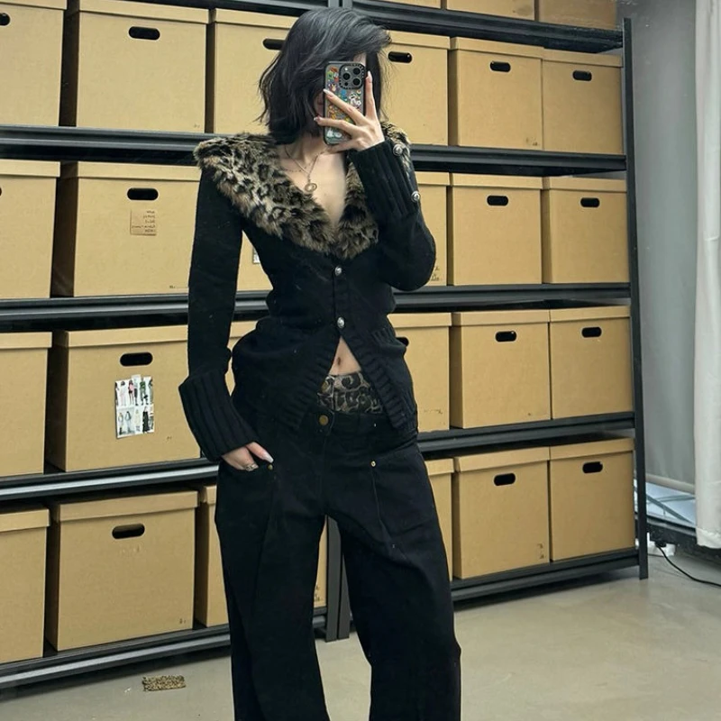 

Y2k куртка с длинными рукавами в американском стиле ретро, женские винтажные топы с леопардовыми пуговицами, повседневные облегающие топы с воротником из искусственного меха, осень 2023 г.