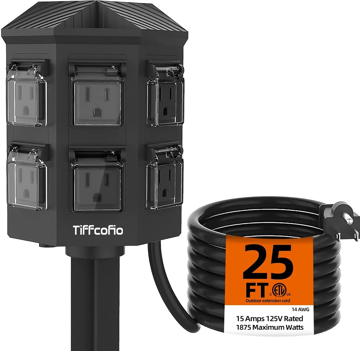 

Outdoor Power Strip Weatherproof, 25 FT Extension Cord with Stake, 6 Grounded Weatherproof Outlets for Lights, 15A/1875W